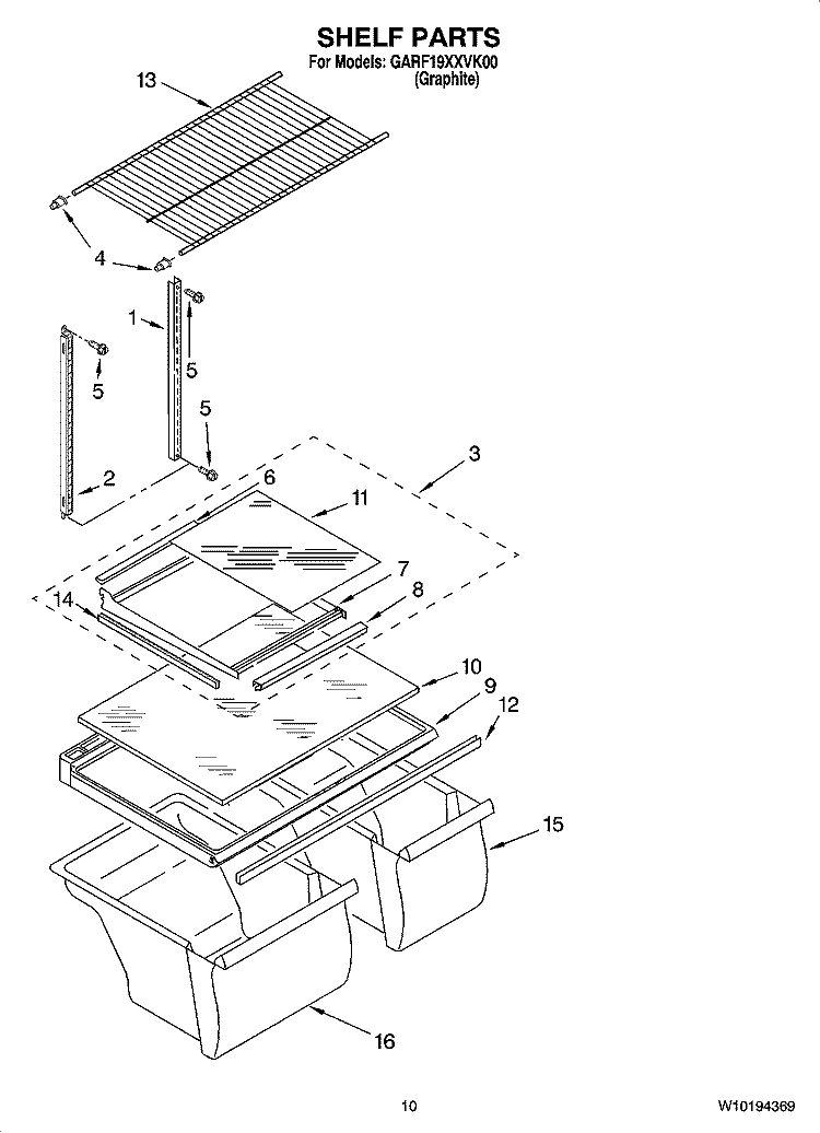 SHELF PARTS, OPTIONAL PARTS Diagram and Parts List for GARF19XXVK00  Whirlpool Refrigerator
