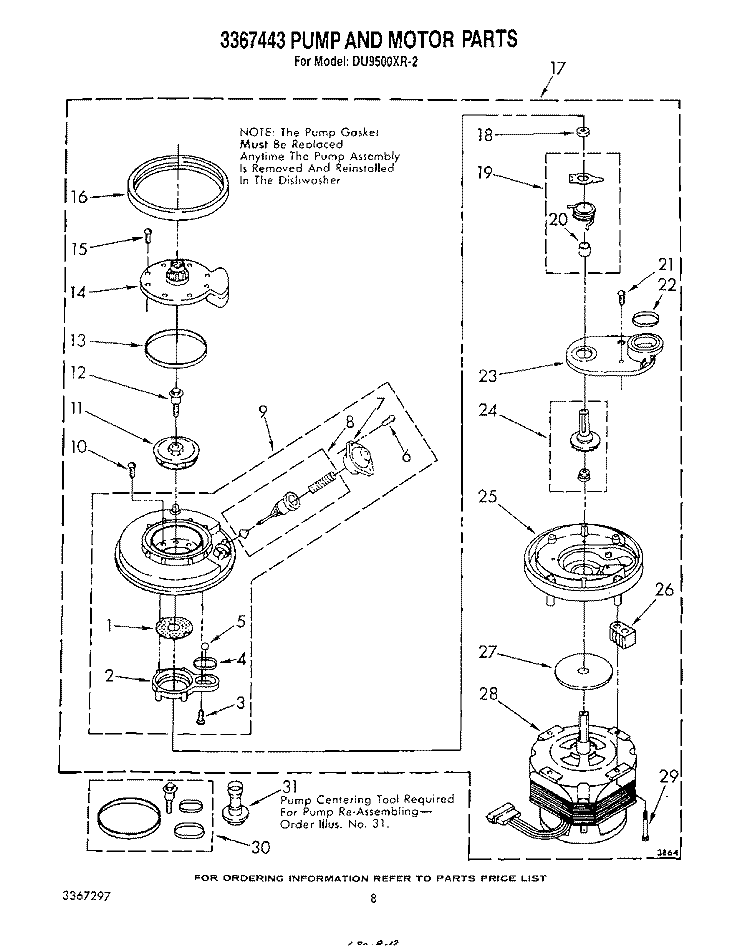 3367443 PUMP AND MOTOR Diagram and Parts List for DU9500XR2  Whirlpool Dishwasher