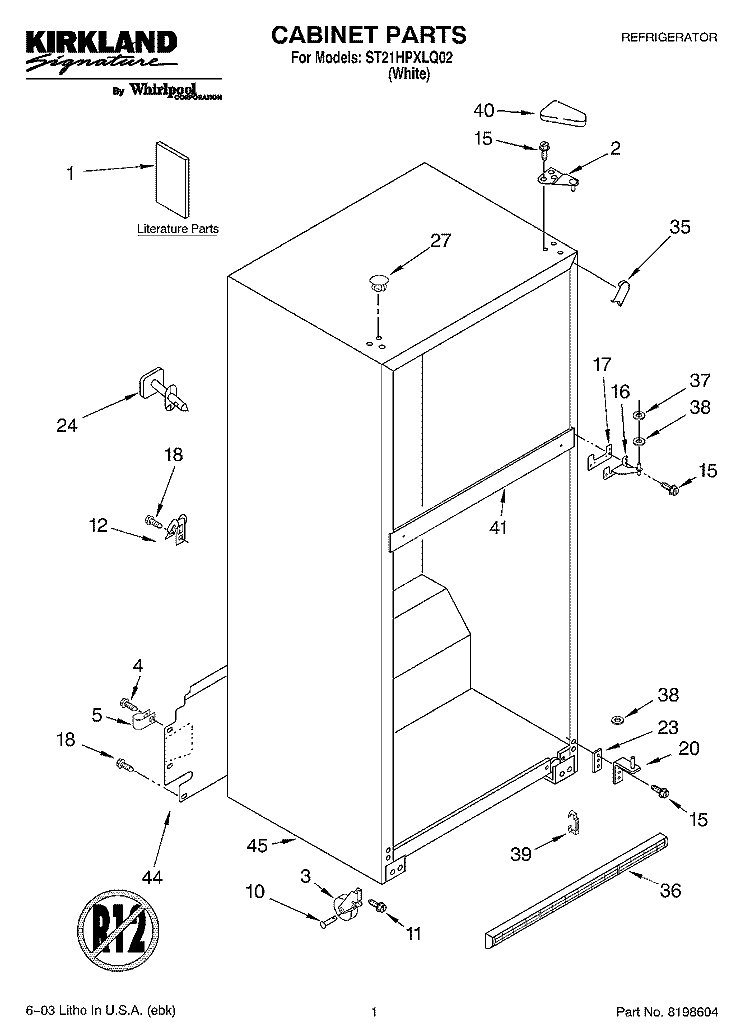 CABINET PARTS Diagram and Parts List for ST21HPXLQ02  Whirlpool Refrigerator