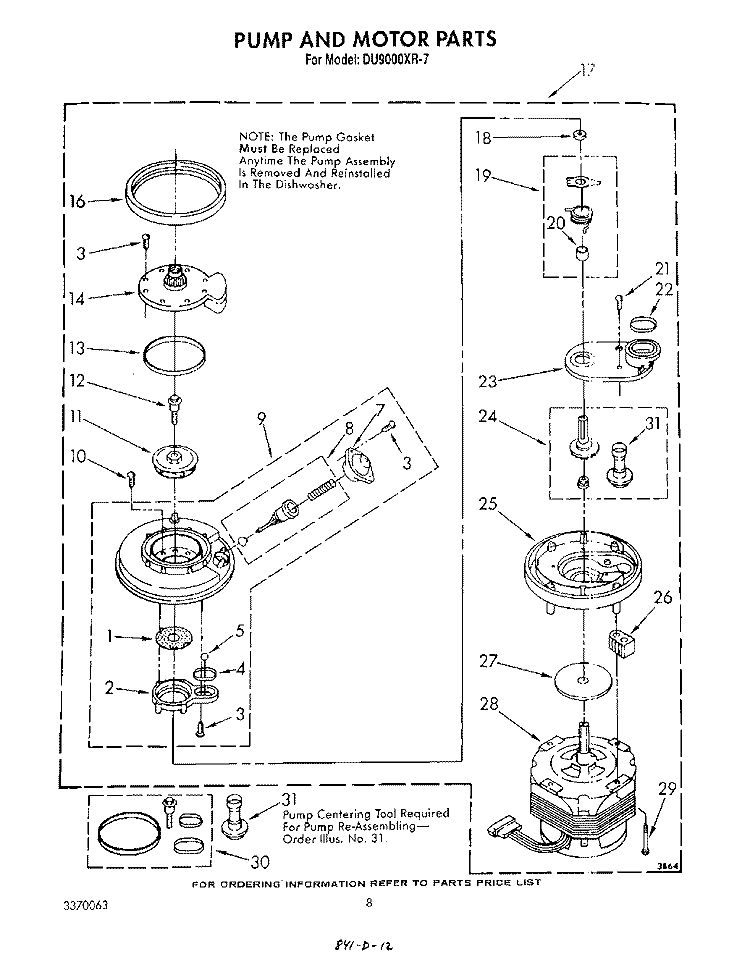 PUMP AND MOTOR Diagram and Parts List for DU9000XR7  Whirlpool Dishwasher