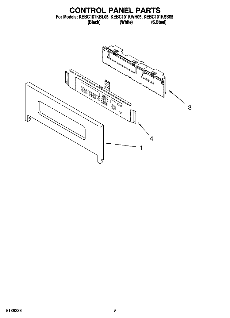 CONTROL PANEL PARTS Diagram and Parts List for KEBC101KSS05  KitchenAid Wall Oven