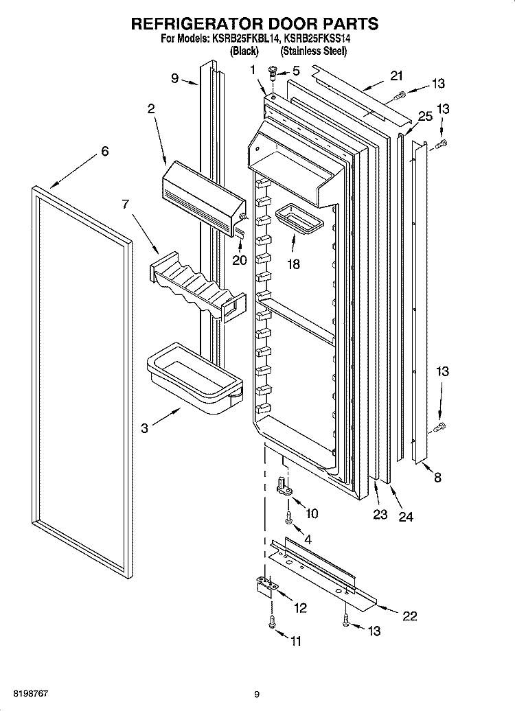 REFRIGERATOR DOOR PARTS Diagram and Parts List for KSRB25FKBL14  KitchenAid Refrigerator
