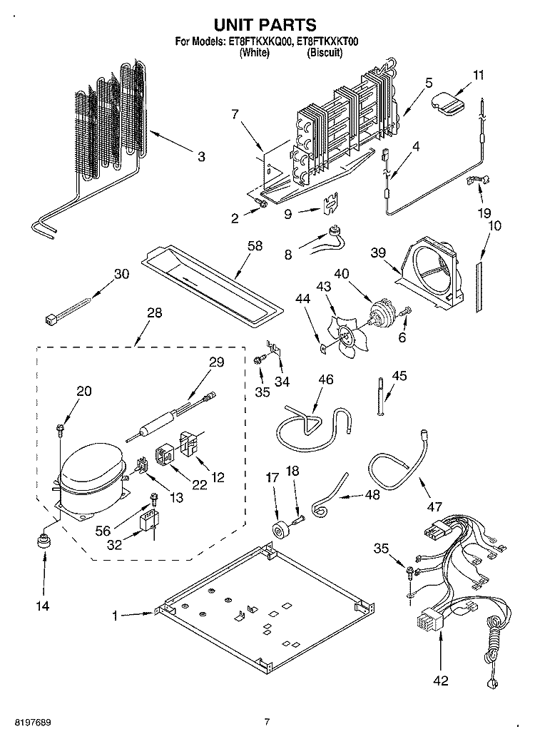 UNIT Diagram and Parts List for ET8FTKXKQ00  Whirlpool Refrigerator