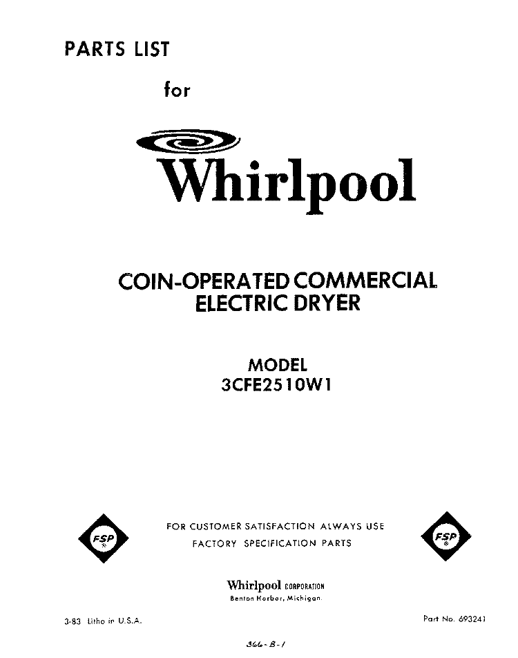 SECTION Diagram and Parts List for 3CFE2510W1  Whirlpool Dryer