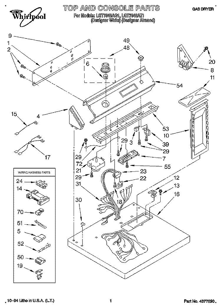 TOP AND CONSOLE, LIT/OPTIONAL Diagram and Parts List for LGT7848AZ1  Whirlpool Dryer