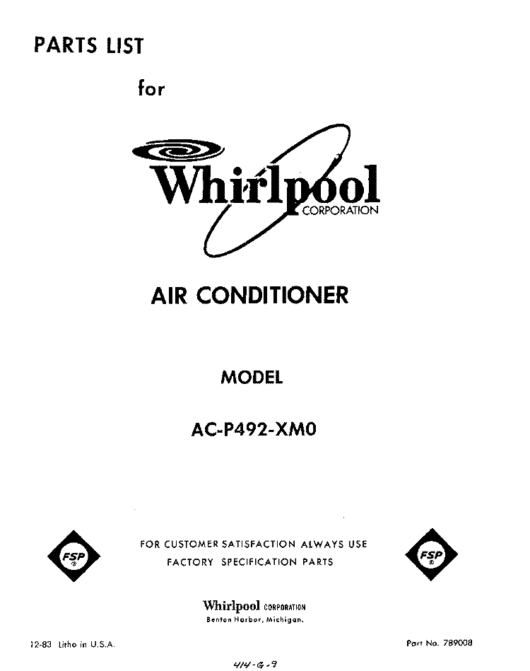COVER Diagram and Parts List for ACP492XM0  Whirlpool Air Conditioner