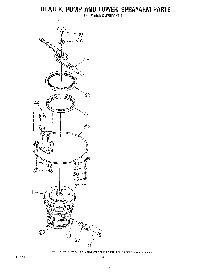 HEATER, PUMP AND LOWER SPRAY ARM Diagram and Parts List for DU7500XL0  Whirlpool Dishwasher