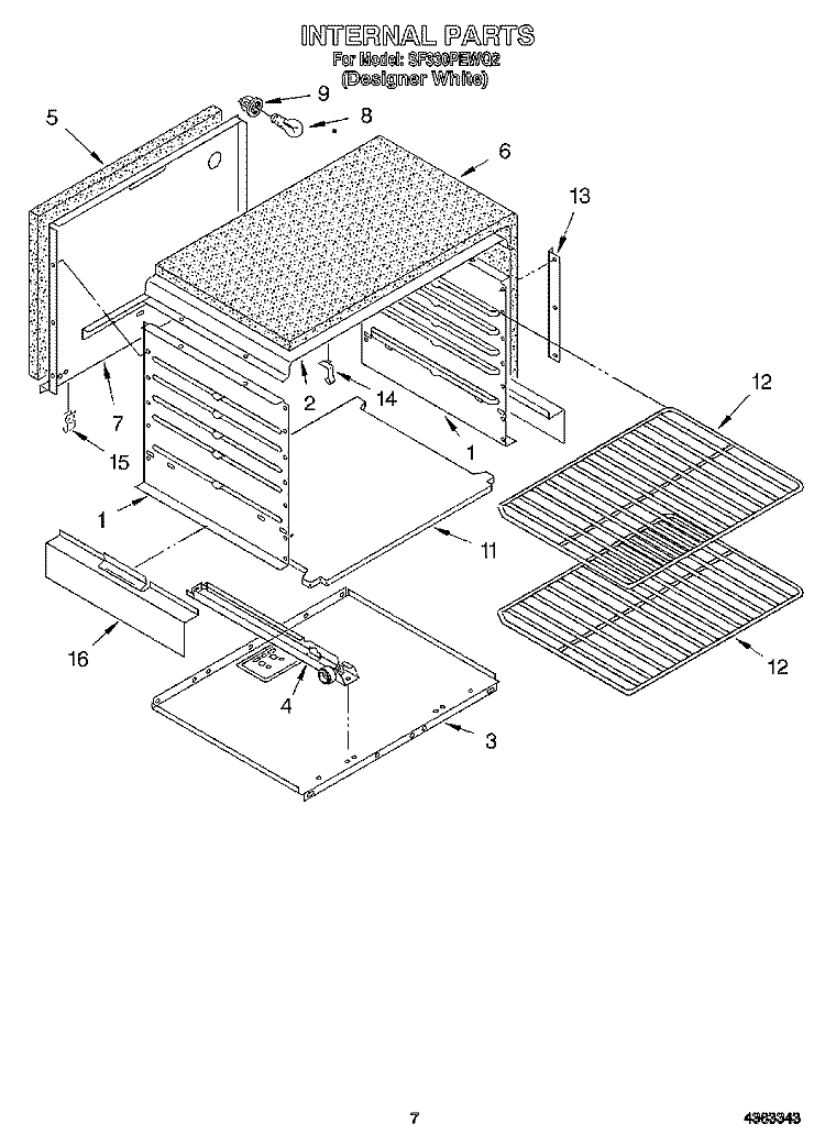INTERNAL Diagram and Parts List for SF330PEWQ2  Whirlpool Range