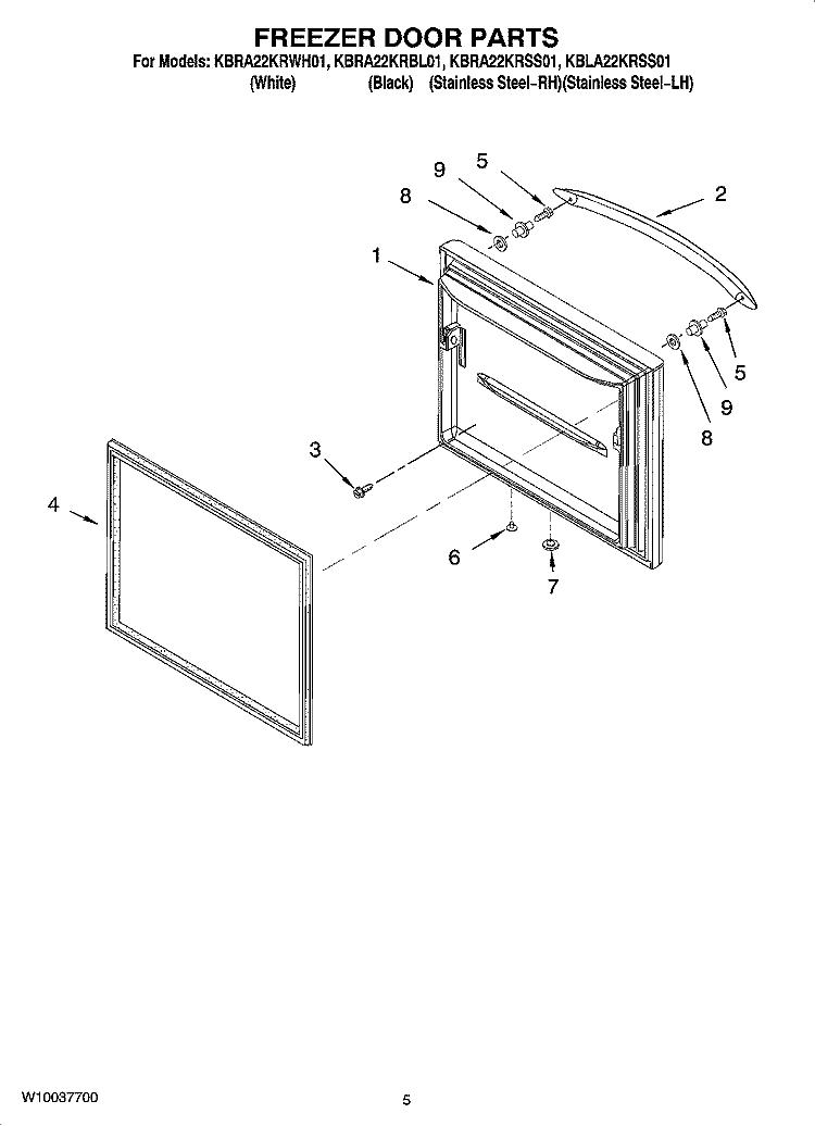 FREEZER DOOR PARTS Diagram and Parts List for KBLA22KRSS01  KitchenAid Refrigerator