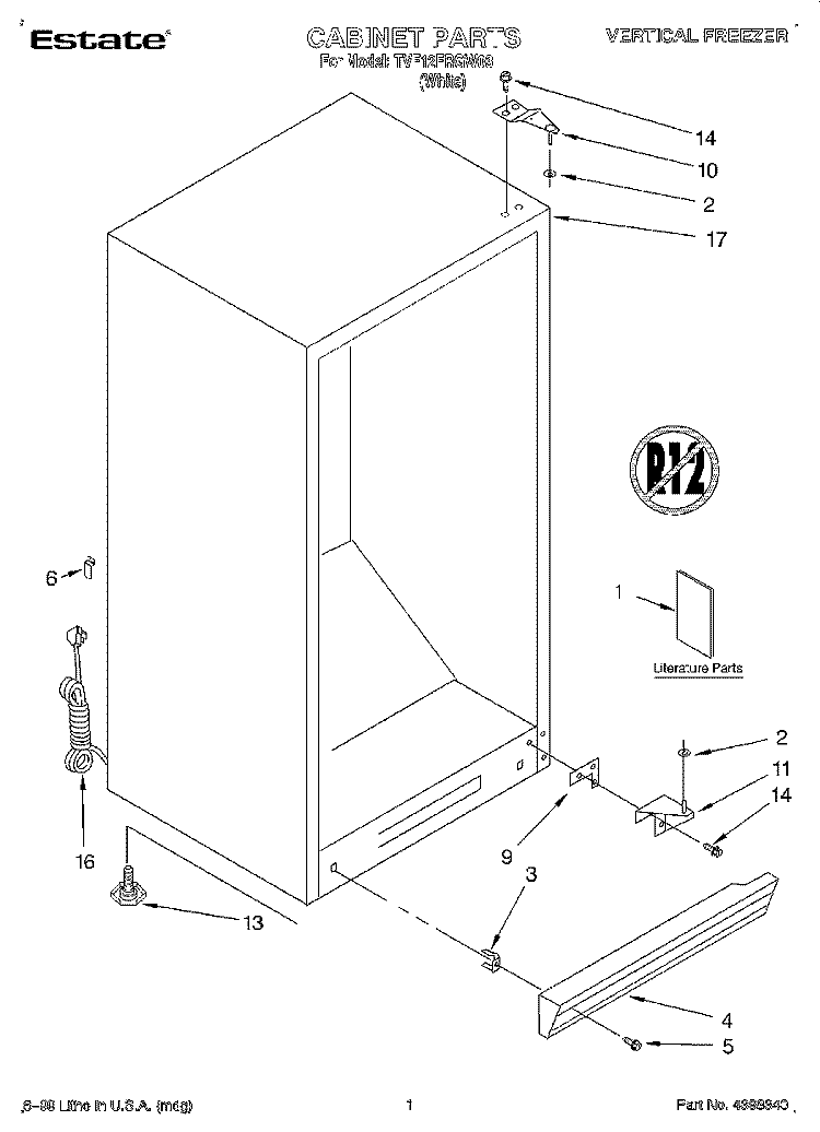 CABINET, LITERATURE Diagram and Parts List for TVF12FRGW03  Whirlpool Freezer