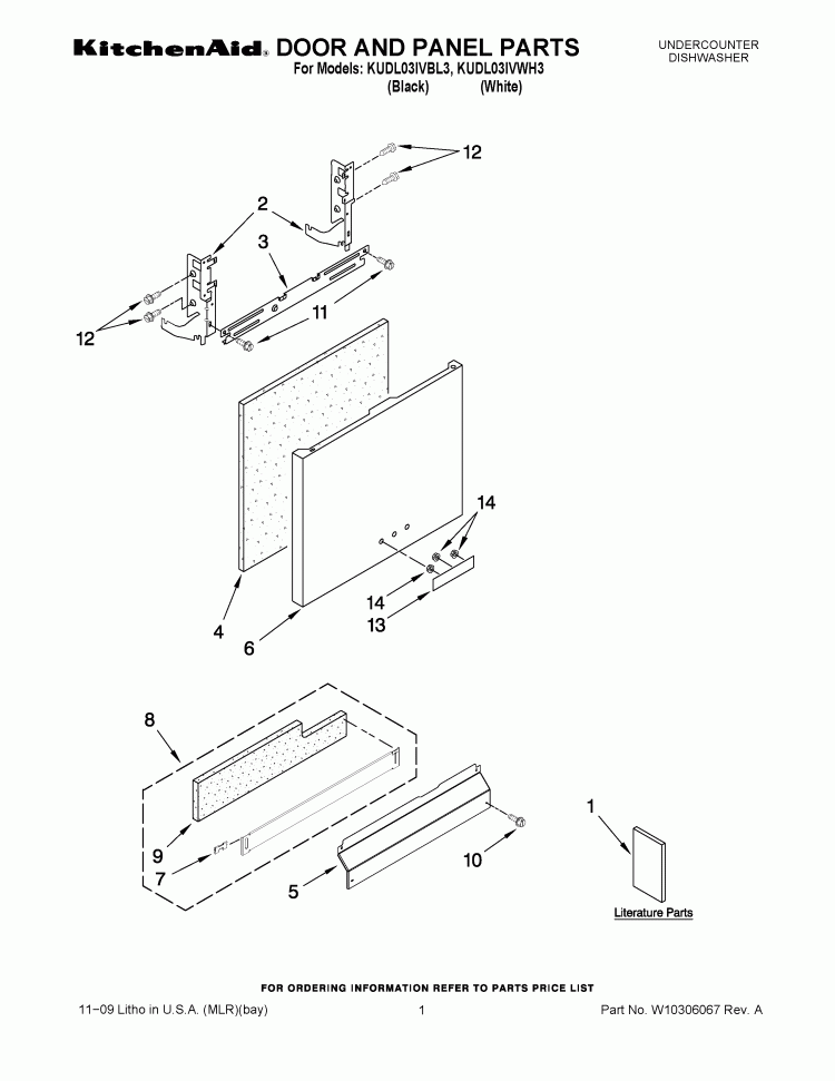 DOOR AND PANEL PARTS Diagram and Parts List for KUDL03IVWH3  KitchenAid Dishwasher