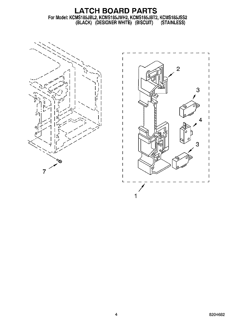 LATCH BOARD PARTS Diagram and Parts List for KCMS185JBL2  KitchenAid Microwave