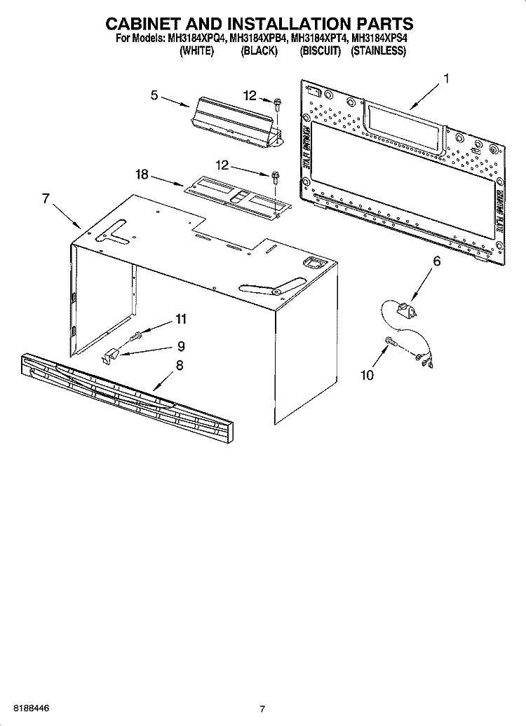 CABINET AND INSTALLATION PARTS Diagram and Parts List for MH3184XPQ4  Whirlpool Microwave