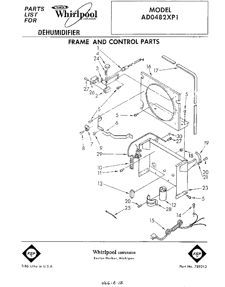 SECTION Diagram and Parts List for AD0482XP1  Whirlpool Dehumidifier