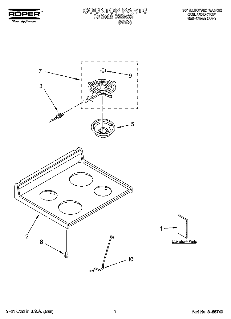 COOKTOP PARTS Diagram and Parts List for RGE34301  Roper Range