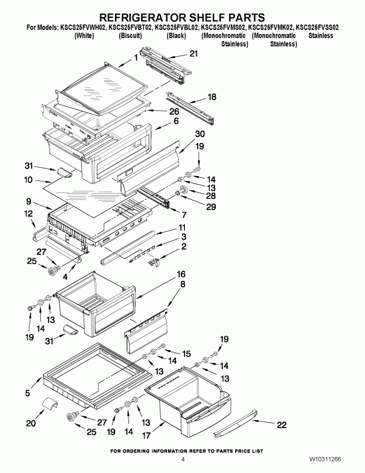 REFRIGERATOR SHELF PARTS Diagram and Parts List for KSCS25FVBT02  KitchenAid Refrigerator