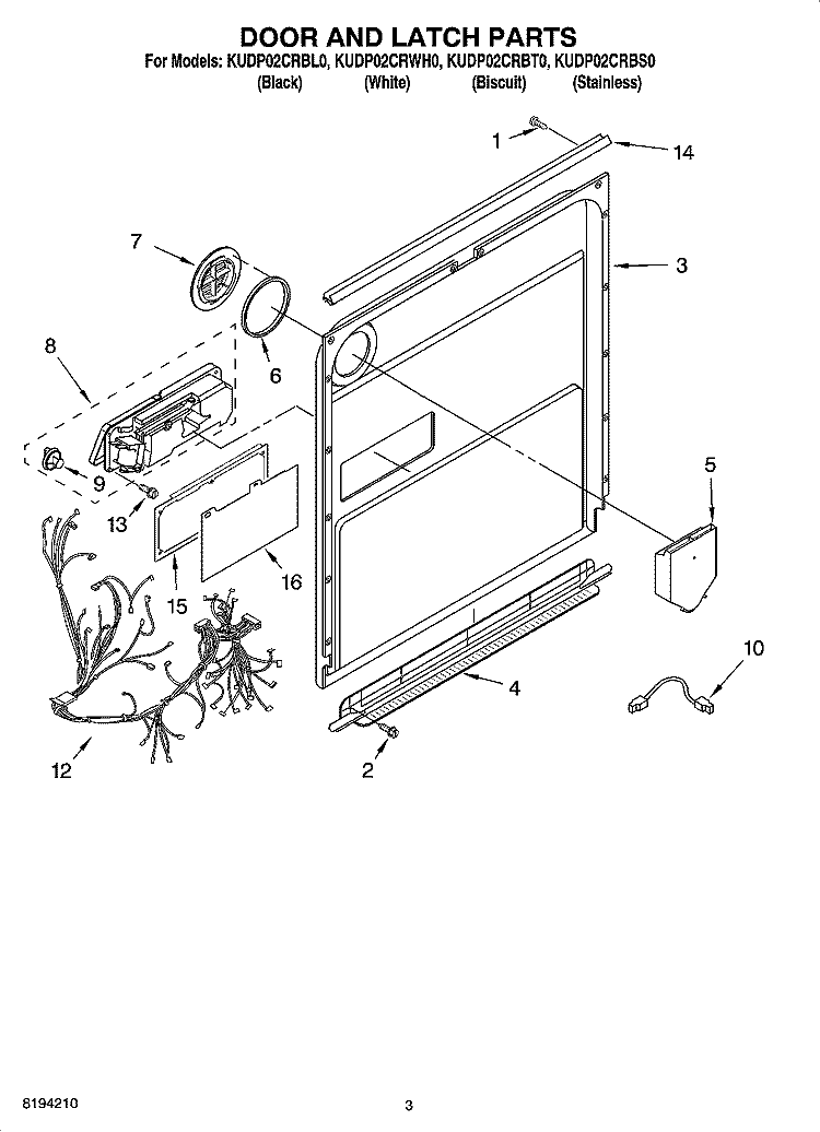 DOOR AND LATCH PARTS Diagram and Parts List for KUDP02CRBT0  KitchenAid Dishwasher