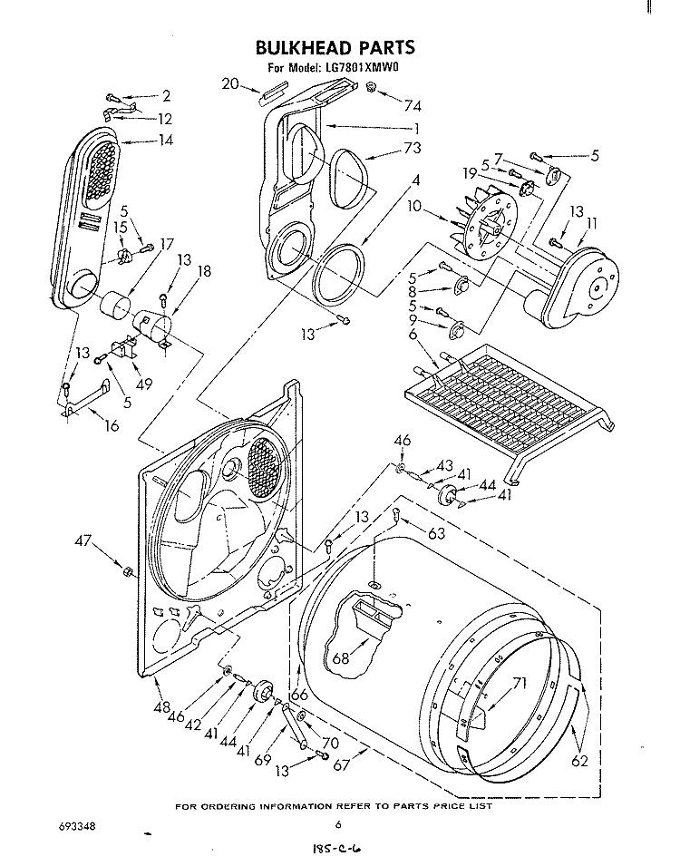 BULKHEAD Diagram and Parts List for LG7801XMW0  Whirlpool Dryer
