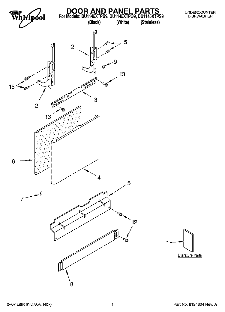 DOOR AND PANEL PARTS Diagram and Parts List for DU1145XTPQ9  Whirlpool Dishwasher