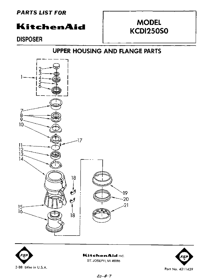 SECTION Diagram and Parts List for KCDI250S0  KitchenAid Food Waste Disposer