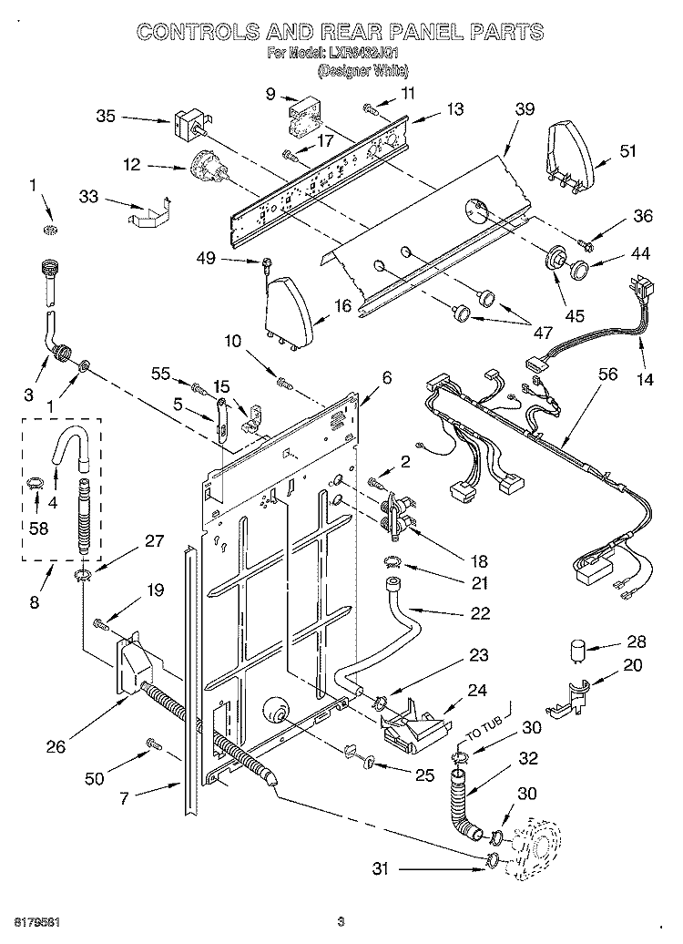 CONTROLS AND REAR PANEL Diagram and Parts List for LXR6432JQ1  Whirlpool Washer