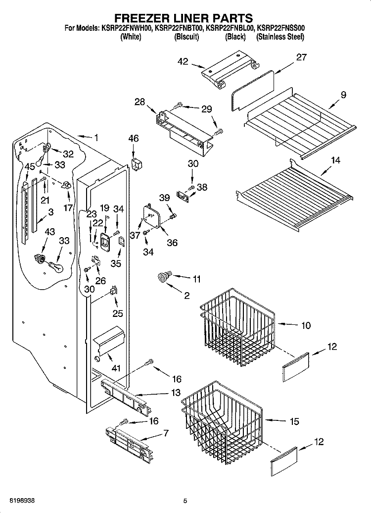 FREEZER LINER PARTS Diagram and Parts List for KSRP22FNBT00  KitchenAid Refrigerator