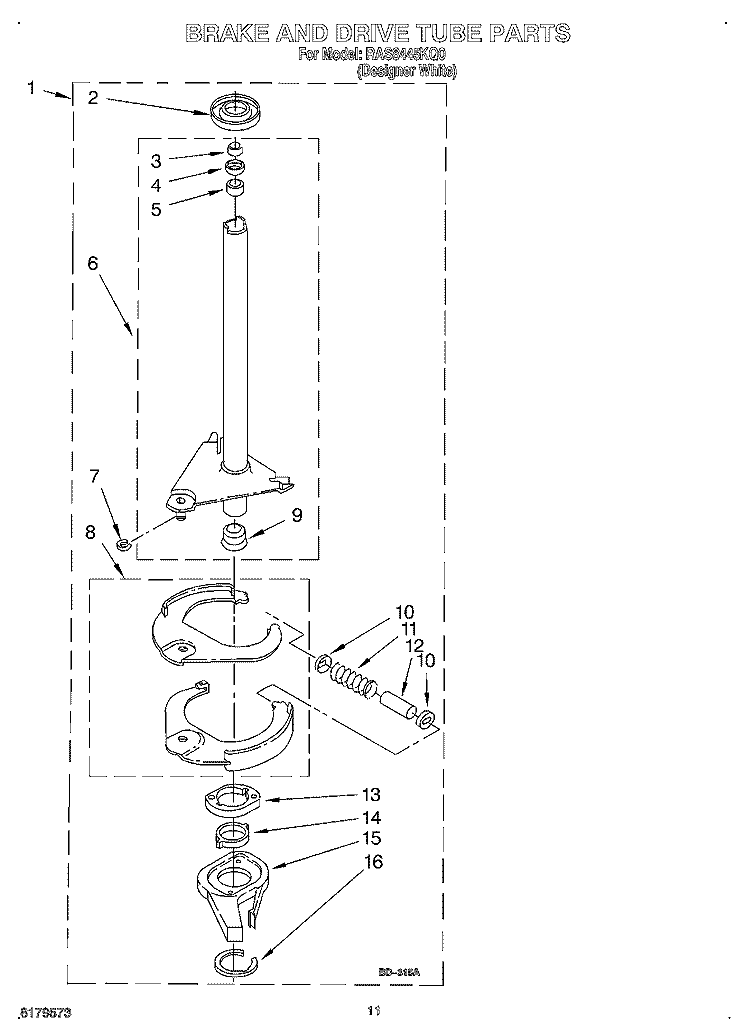BRAKE AND DRIVE TUBE Diagram and Parts List for RAS8445KQ0  Roper Washer