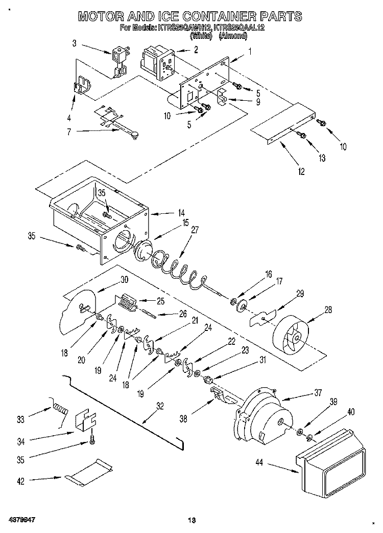 MOTOR AND ICE CONTAINER Diagram and Parts List for KTRS25QAWH12  KitchenAid Refrigerator