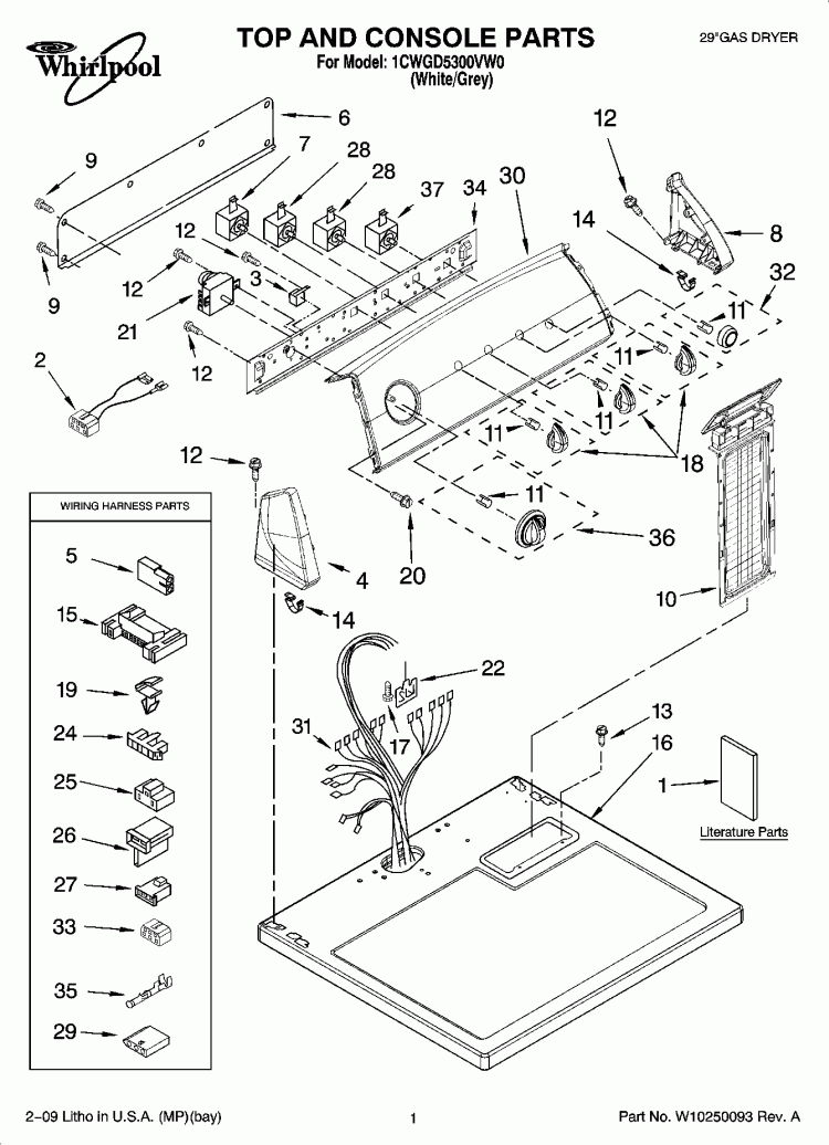 TOP AND CONSOLE PARTS Diagram and Parts List for 1CWGD5300VW0  Whirlpool Dryer