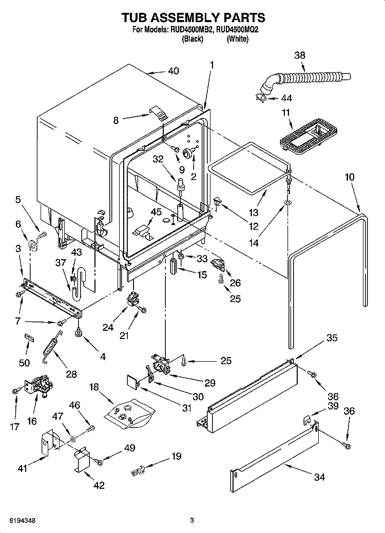 TUB ASSEMBLY PARTS Diagram and Parts List for RUD4500MQ2  Roper Dishwasher