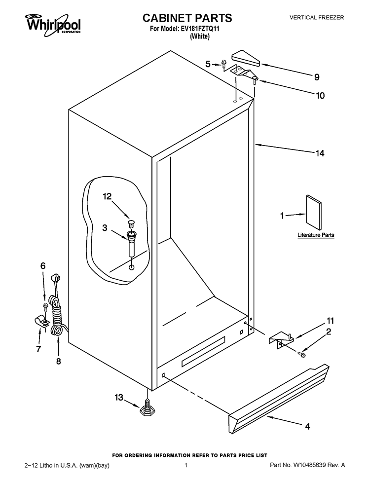 CABINET PARTS Diagram and Parts List for EV181FZTQ11  Whirlpool Freezer