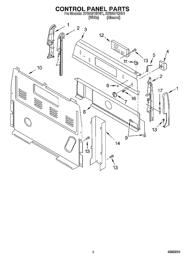 CONTROL PANEL Diagram and Parts List for RF350PXHW1  Whirlpool Range