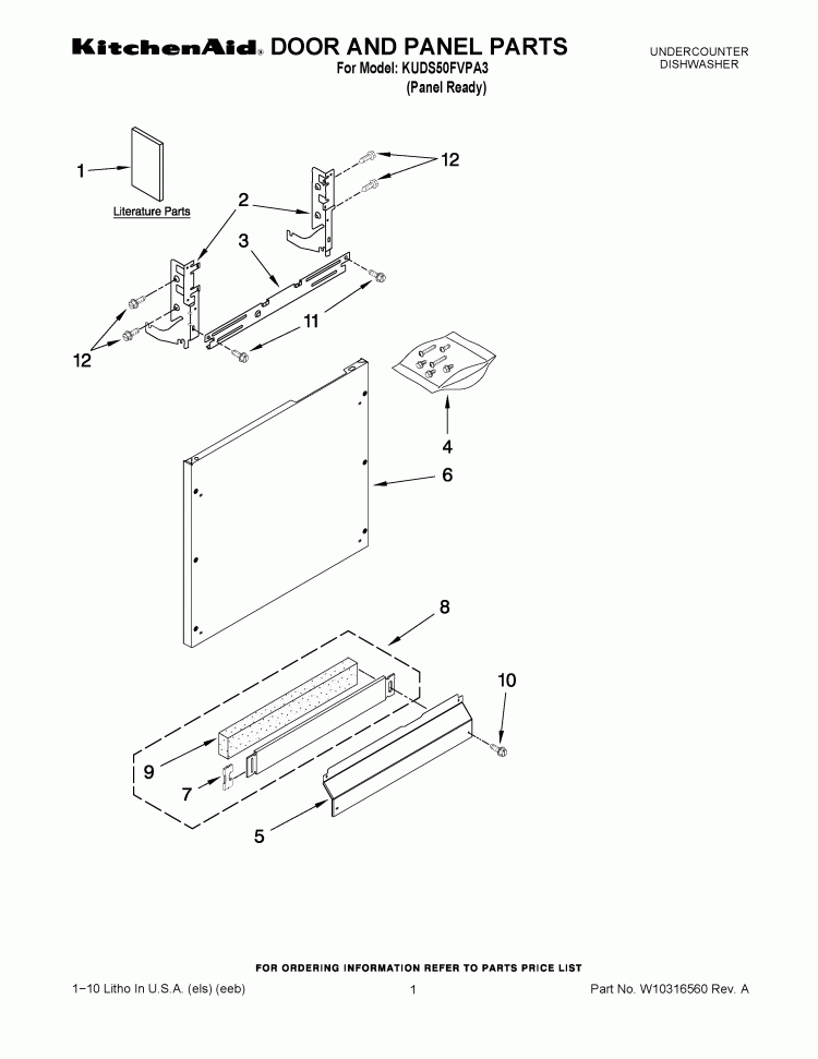 DOOR AND PANEL PARTS Diagram and Parts List for KUDS50FVPA3  KitchenAid Dishwasher