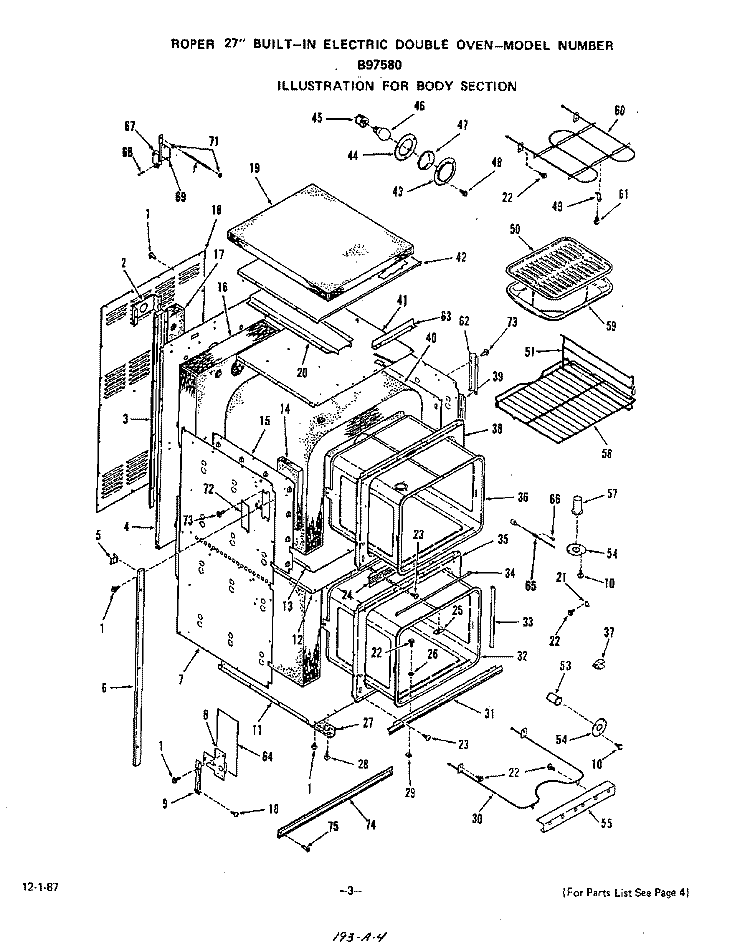BODY Diagram and Parts List for B9758B0  Roper Wall Oven