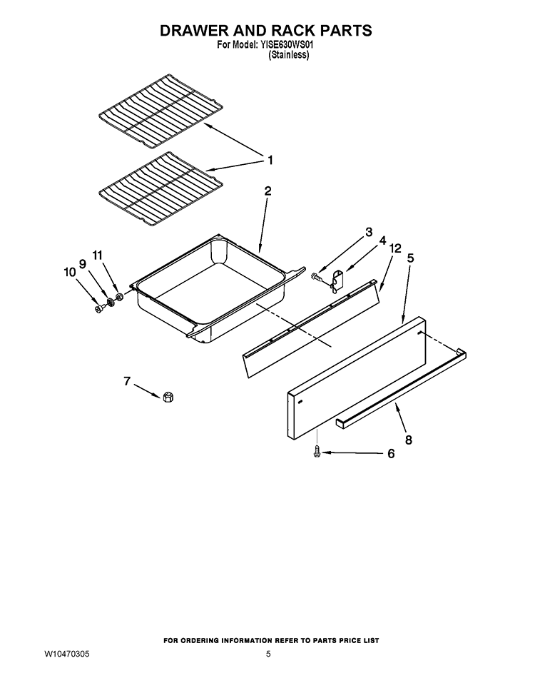 DRAWER AND RACK PARTS Diagram and Parts List for YISE630WS01  Whirlpool Range