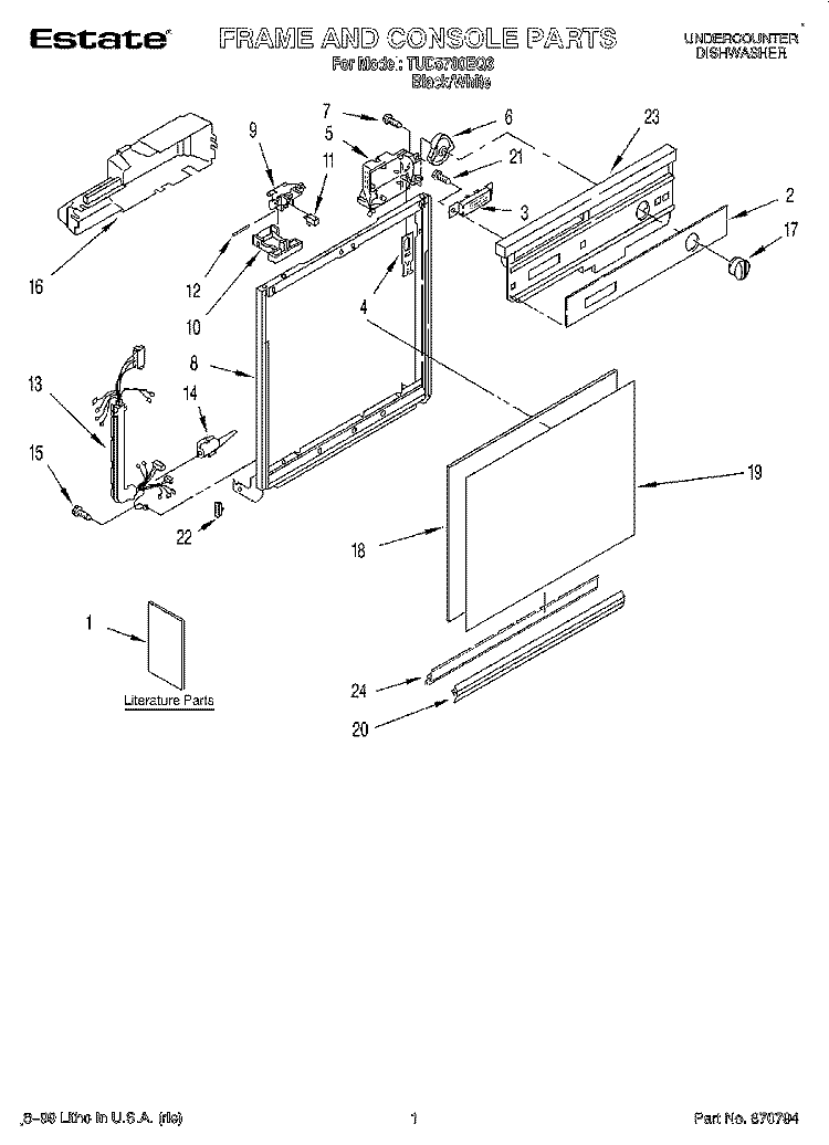 FRAME AND CONSOLE, LITERATURE Diagram and Parts List for TUD5700EQ3  Estate Dishwasher