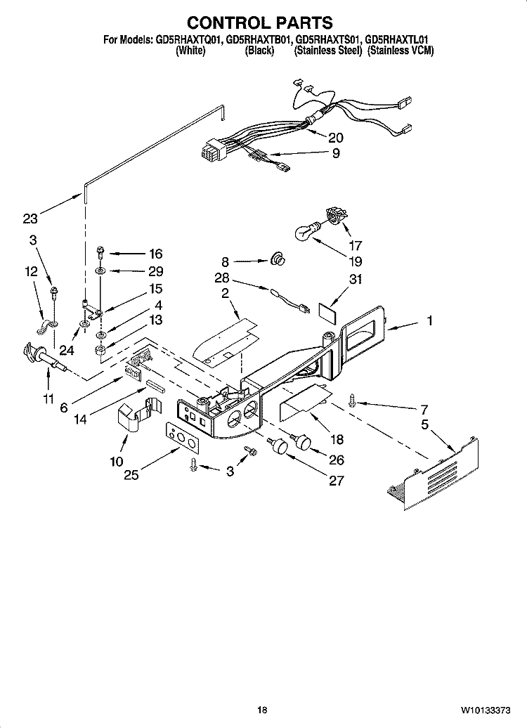 CONTROL PARTS Diagram and Parts List for GD5RHAXTL01  Whirlpool Refrigerator