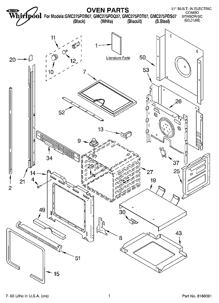OVEN PARTS Diagram and Parts List for GMC275PDB07  Whirlpool Microwave Oven Combo