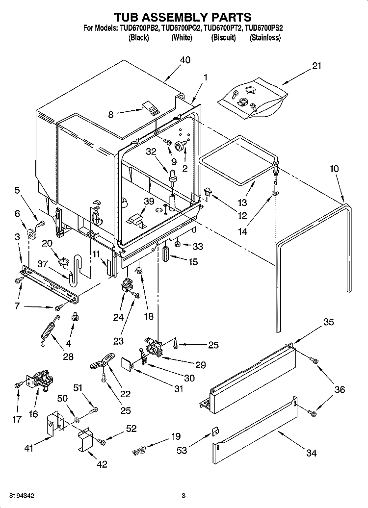 TUB ASSEMBLY PARTS Diagram and Parts List for TUD6700PB2  Estate Dishwasher