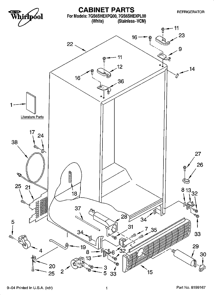 CABINET PARTS Diagram and Parts List for 7GS6SHEXPQ00  Whirlpool Refrigerator