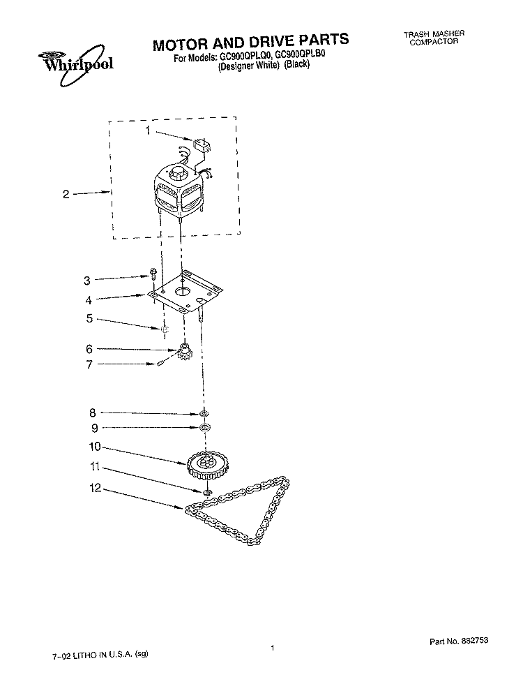 MOTOR AND DRIVE, LITERATURE Diagram and Parts List for GC900QPLB0  Whirlpool Trash Compactor