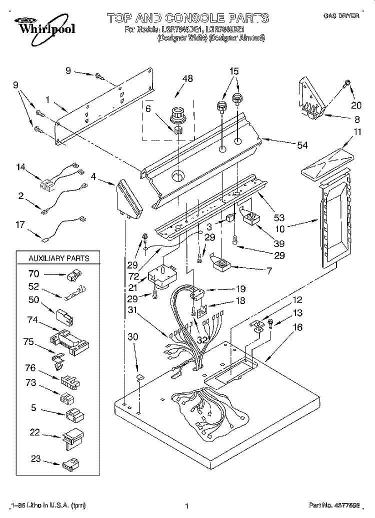TOP AND CONSOLE, LIT/OPTIONAL Diagram and Parts List for LGR7848DQ1  Whirlpool Dryer