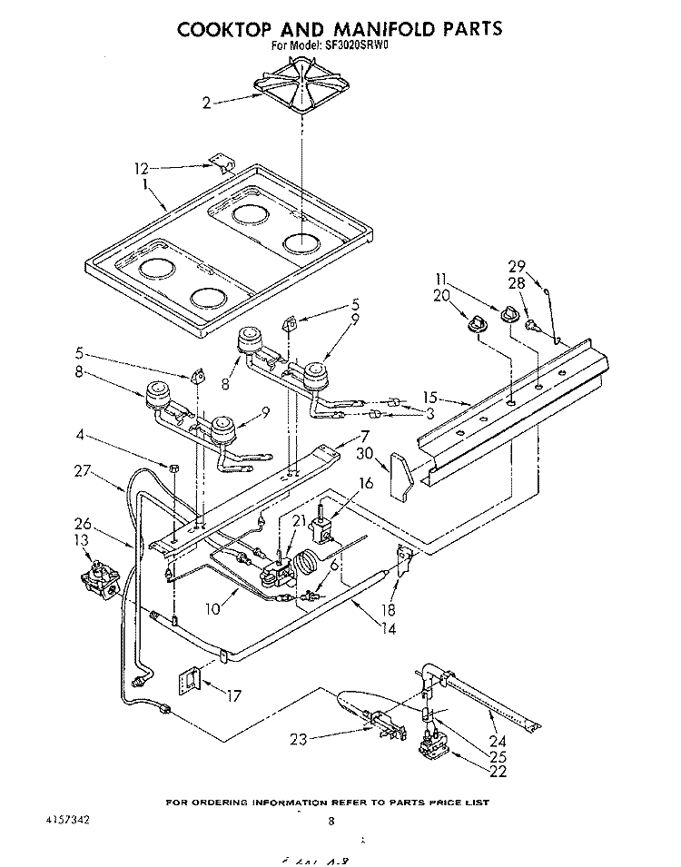 COOK TOP AND MANIFOLD , LITERATURE Diagram and Parts List for SF3020SRW0  Whirlpool Range