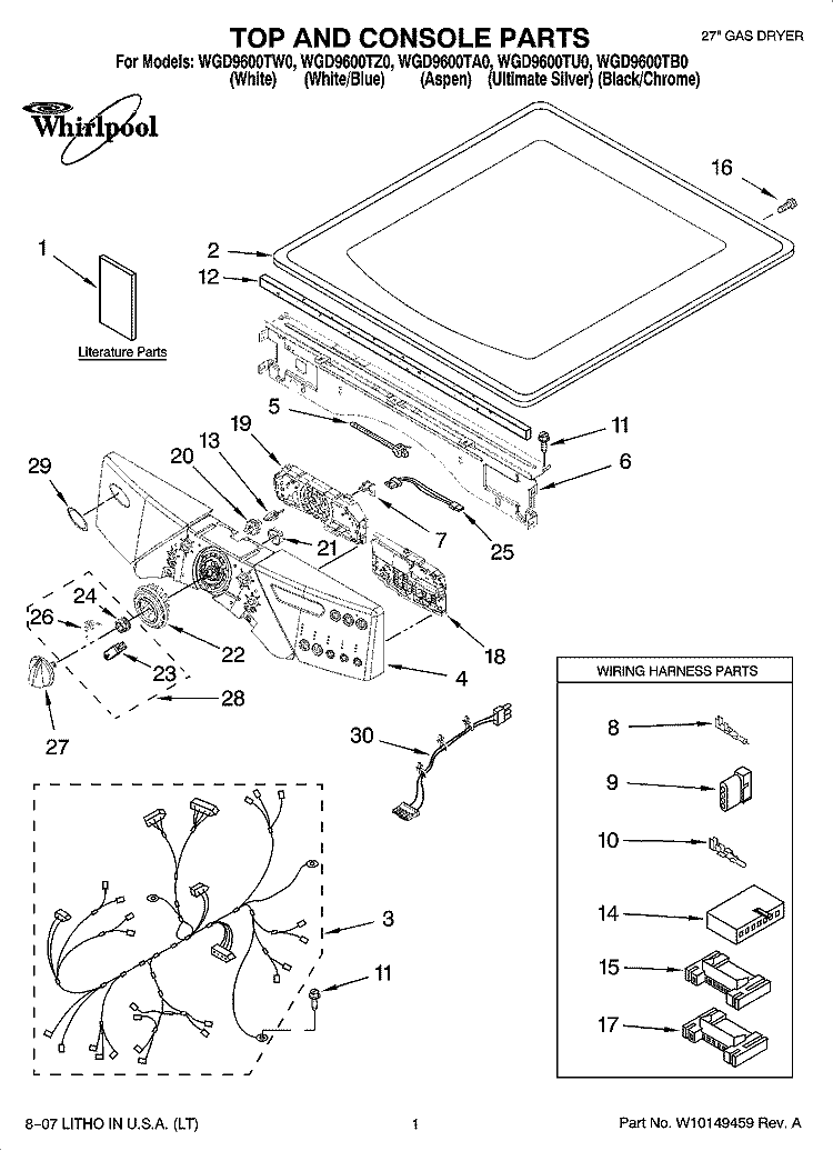 TOP AND CONSOLE PARTS Diagram and Parts List for WGD9600TW0  Whirlpool Dryer