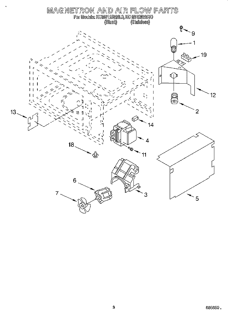 MAGNETRON AND AIR FLOW Diagram and Parts List for KCMS125EBL0  KitchenAid Microwave