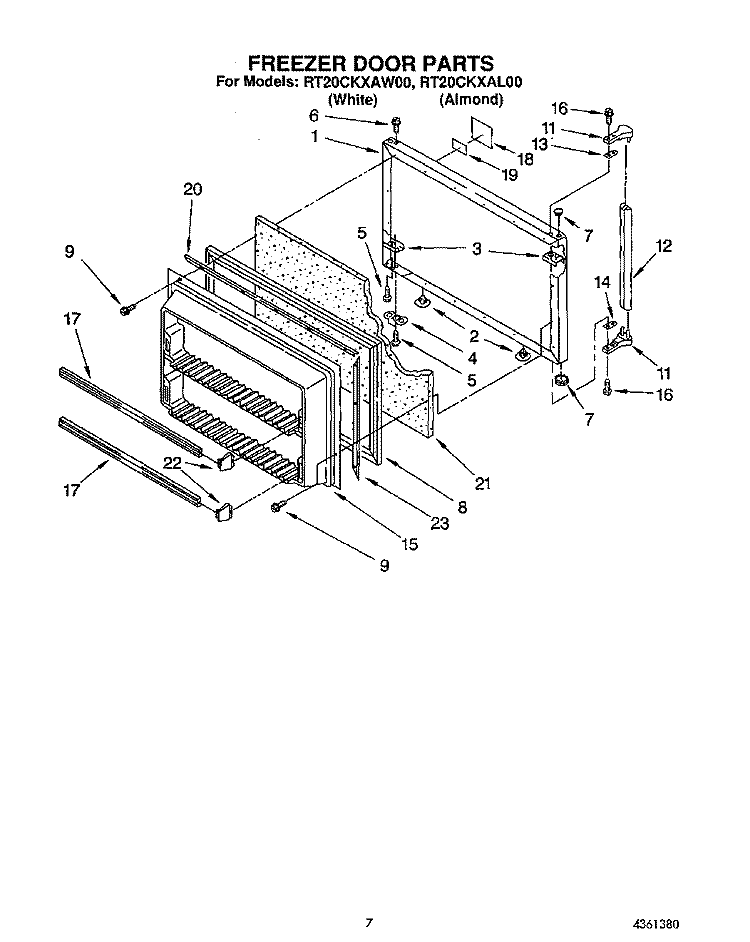 FREEZER DOOR Diagram and Parts List for RT20CKXAW00  Roper Refrigerator