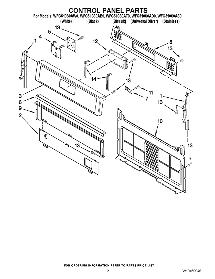 CONTROL PANEL PARTS Diagram and Parts List for WFG510S0AT0  Whirlpool Range