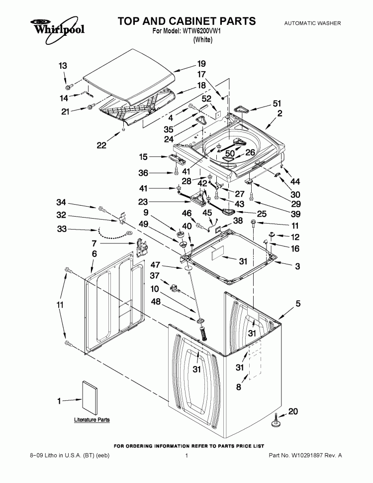 TOP AND CABINET PARTS Diagram and Parts List for WTW6200VW1  Whirlpool Washer