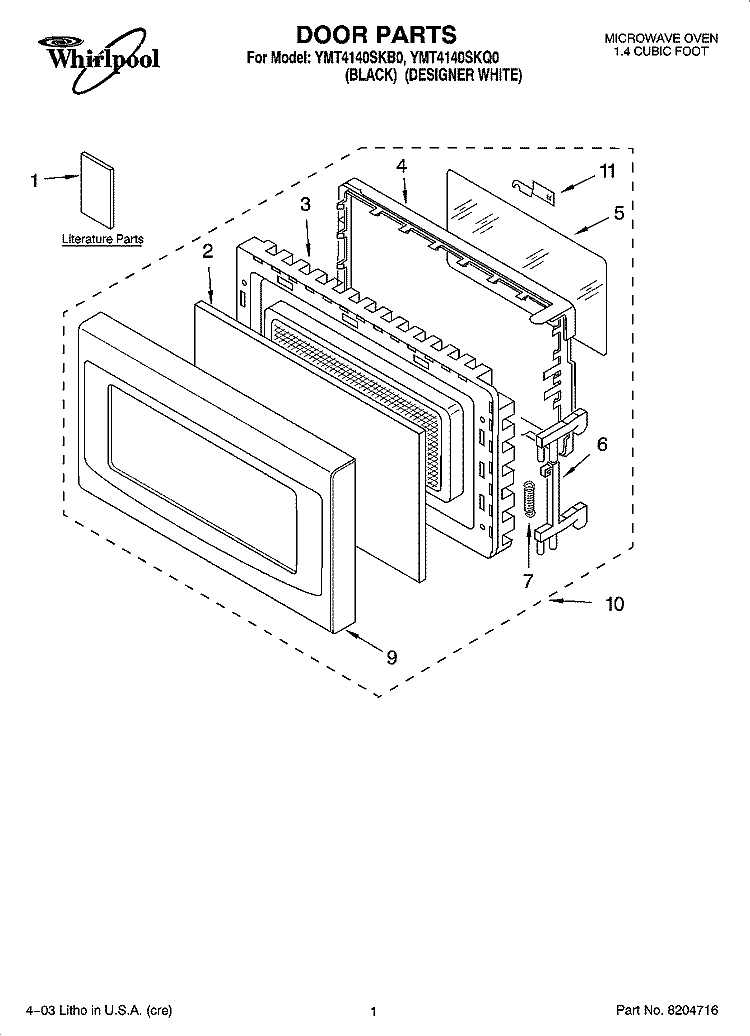 DOOR PARTS Diagram and Parts List for YMT4140SKQ0  Whirlpool Microwave