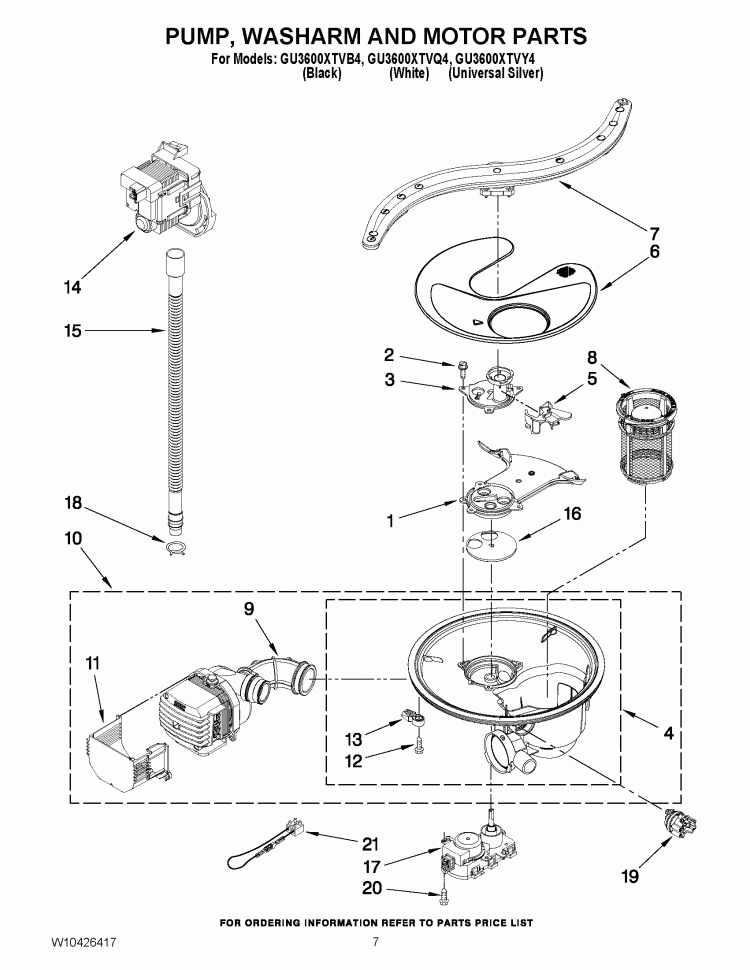 PUMP, WASHARM AND MOTOR PARTS Diagram and Parts List for GU3600XTVB4  Whirlpool Dishwasher